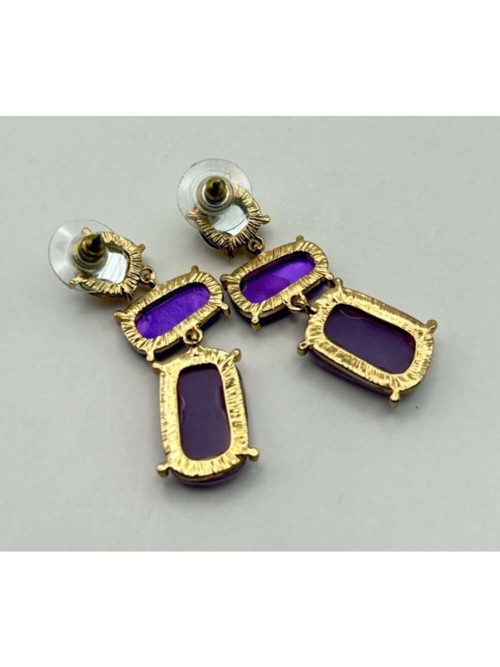 Purple Gold Tone Dangle Drop Earrings Geometric Three-Tier Faux Stones - Picture 2 of 6